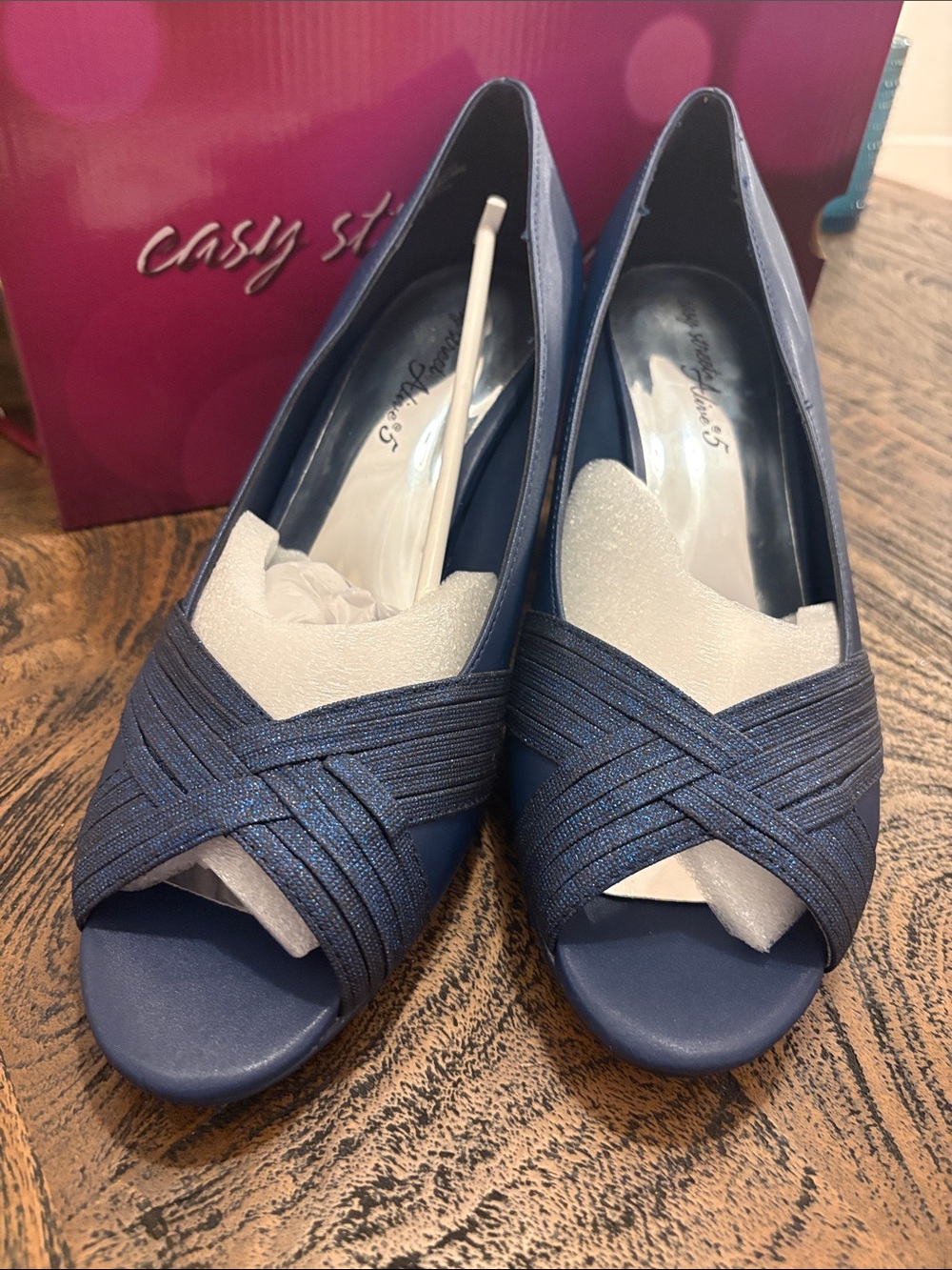 easy street Navy Blue Peep-Toe Wedge Heels with Cross-Strap Detail